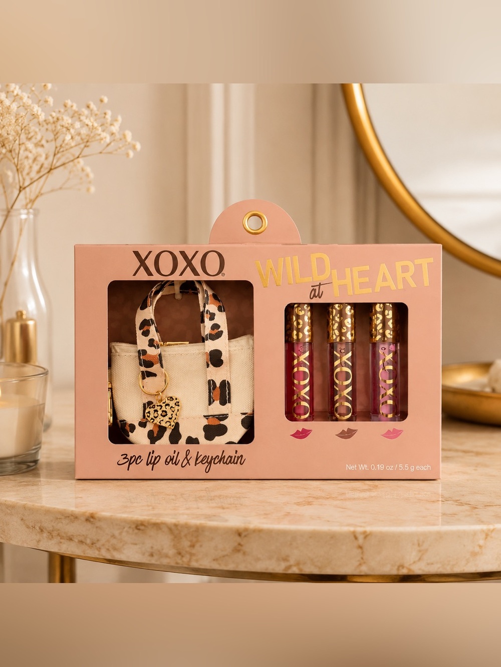 XOXO Wild At Heart 3pc Lip Oil Set w/ Mini Keychain NWT